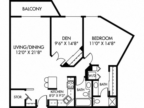 Floor plan for 2 beds, 2 baths, 985 sqft